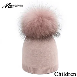 Children's Knit Beanie Hat Dyeing Raccoon Fur Pom Pom Winter Hat Boy Girl Warm Skullies Bone Brand Kids Baby Soft Cap