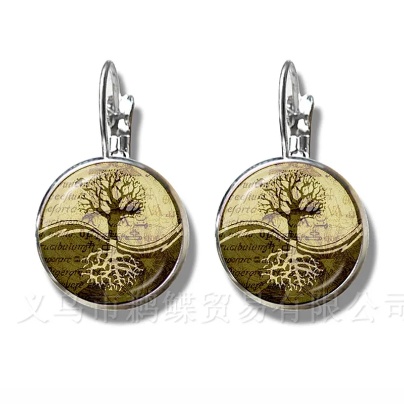 Tree Of Life Glass Cabochon Yin Yang Earrings 16mm Glass Dome Handmade Trendy Silver Plated Stud Earrings For Women Gift