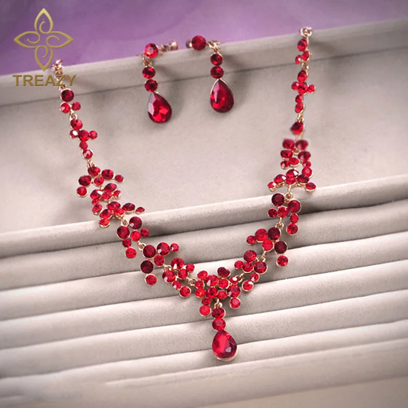 TREAZY Elegant Floral Waterdrop Bridal Jewelry Set Red Crystal Necklace Earring Set For Women Wedding Party Jewelry Accessories