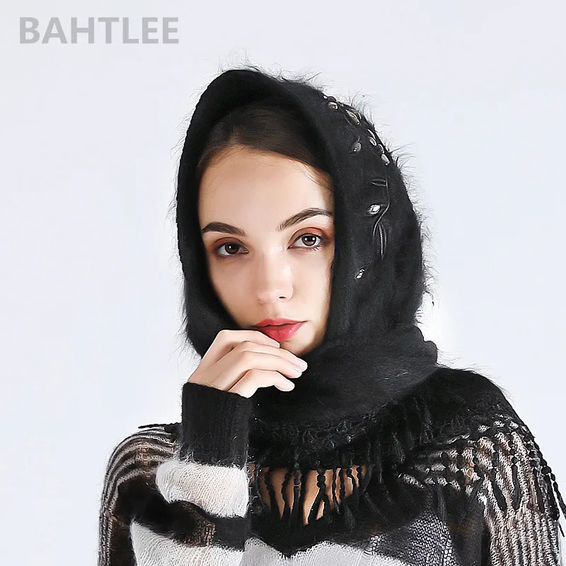 BAHTLEE-Women's Angora Turban, Poncho, Triangle Shawl, Real Fur Wrap, Knitted Cloak, Turban, Autumn, Winter