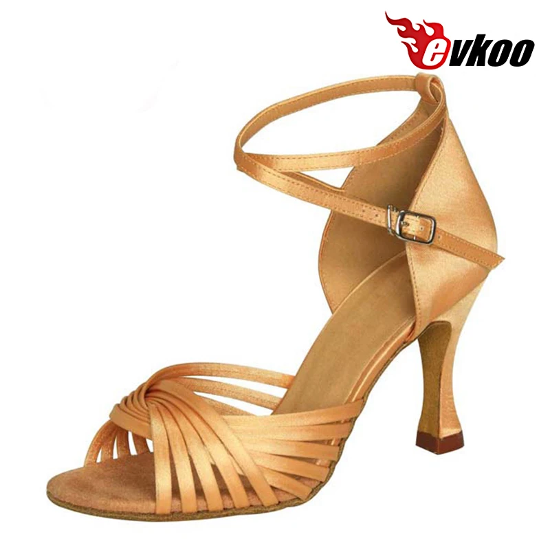 Sepatu dansa Latin warna OEM Evkoodance untuk wanita dibuat oleh bahan Satin kualitas tinggi 7cm sepatu dansa pesta tinggi tumit