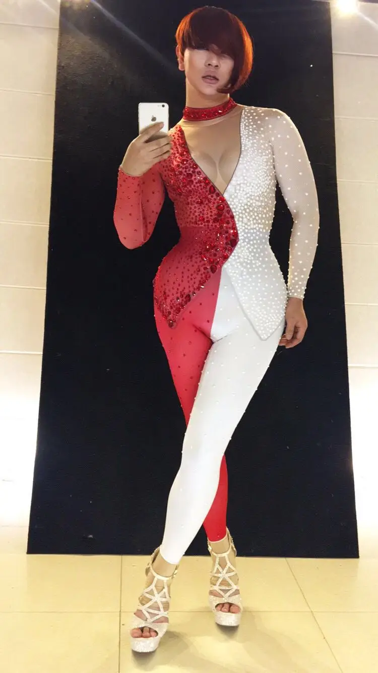 Mulheres novo vermelho branco terno completo strass calças apertadas cantora feminina dj pólo dança equipe terno latino calças festa