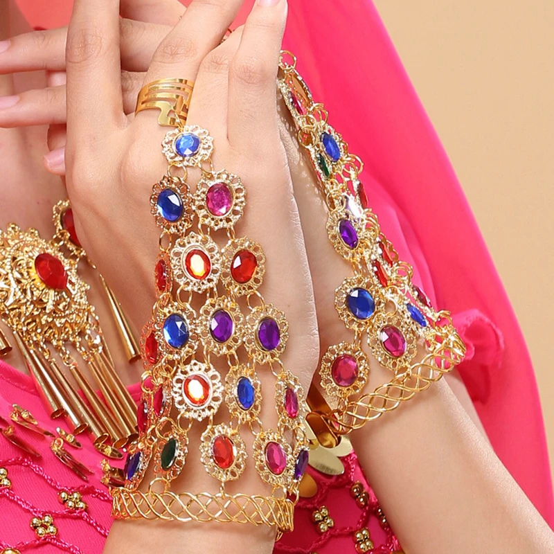 Atacado acessório de fantasia de dança do ventre, conjunto de joias banhadas com strass coloridos de bollywood, colar e pulseiras indianas