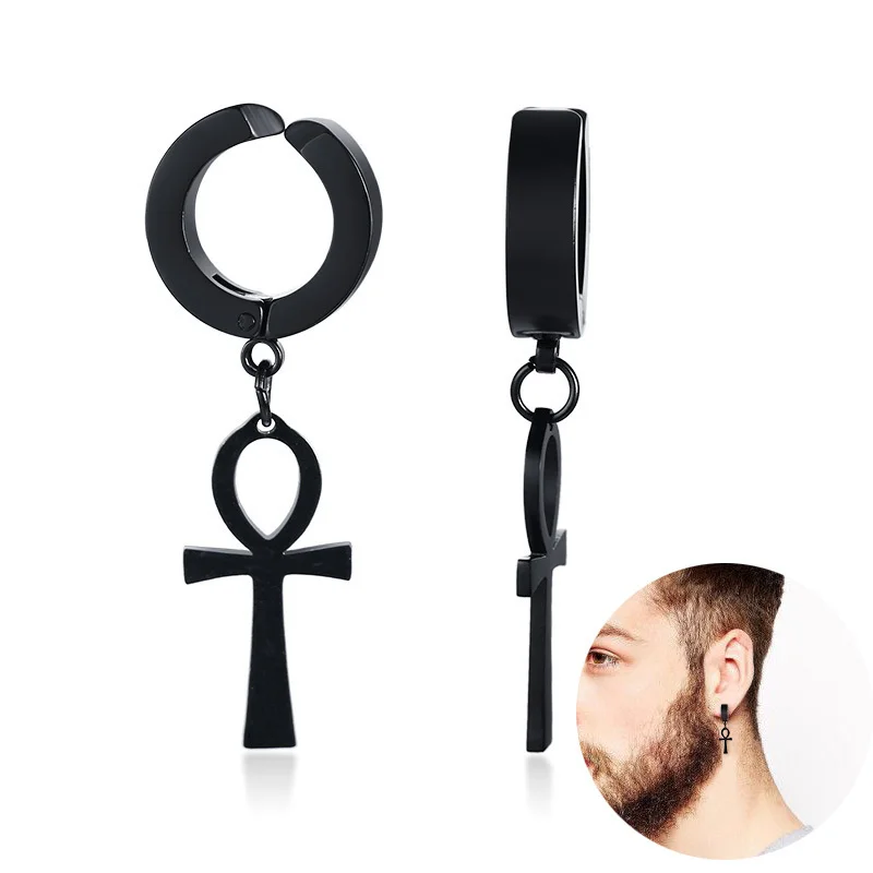 Eternal Cross Egypt Cleopatra Ankh Earrings for Men Jewelry Antiqued Black Stainless Steel Egyptian Queen Ankara Earing image 2