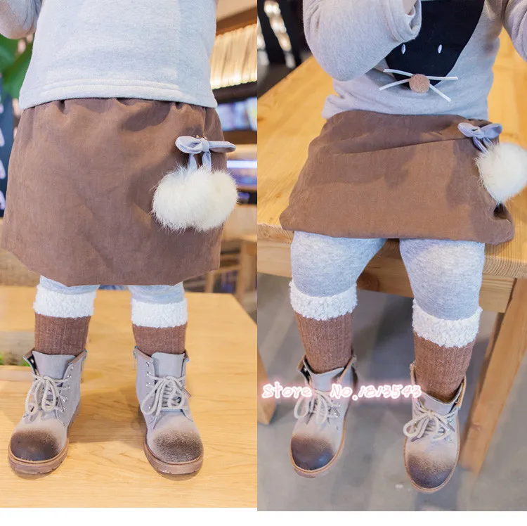 New Winter Fashion Kids Clothes Girls Warm Pants with Skirt 2-5 Years Children's Clothing Lamb Wool Knitting Spliced Plush Ball