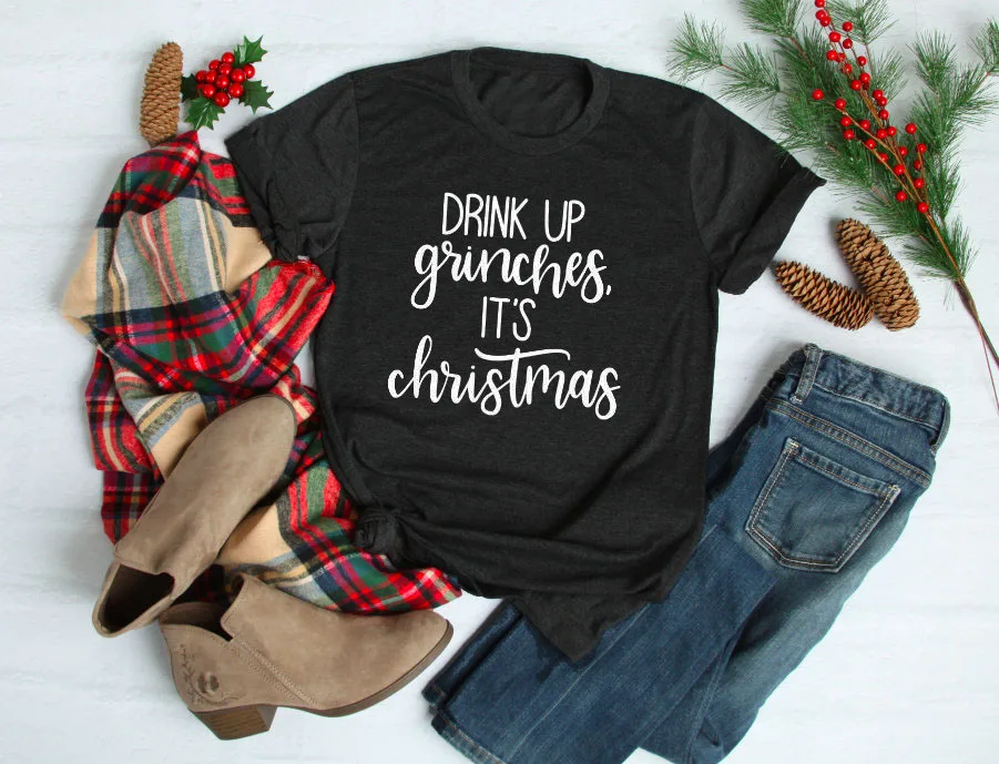 Skuggnas Drink Up Grinches Christmas Shirts for Women gift party funny tumblr graphic Tee Shirt aesthetic harajuku grunge Tops