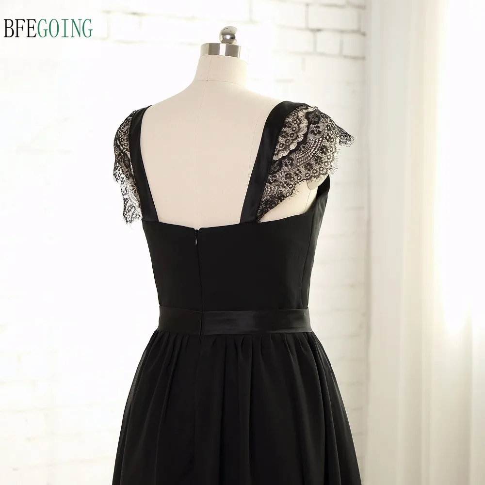 Black Chiffon Lace  Knee-Length A-Line  Bridesmaid Dresses  Cap Sleeves Real/Original Photos Customized Made