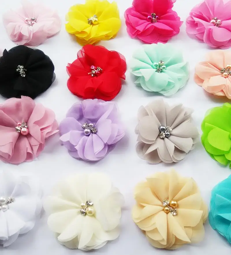 

3" Chiffon Flowers Ayana Blossom Beaded Lace Hair Flower For Headbands Baby Toddler Girls Diy Hair Accessories 50pcs Per Lot