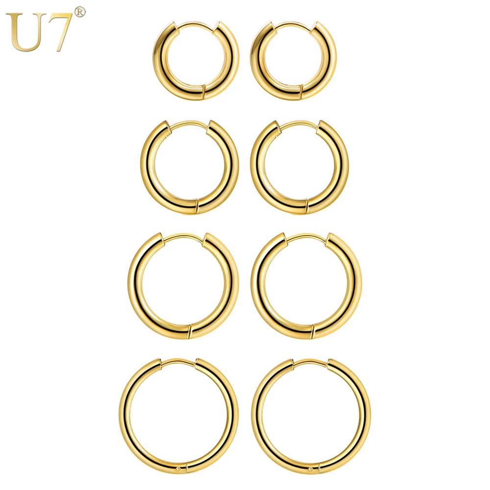 U7 Simple Round Hoop Earrings For Women 4 Pairs/Set 10/14/16/20 mm Stainless Steel Gold/Black Color Minimalist Jewelry E1006