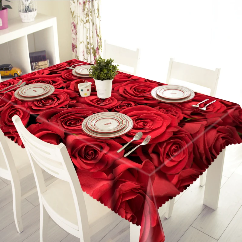 

3D Tablecloth Merry Christmas Red Rose Pattern Waterproof Cloth Cover Thicken Map Rectangular and Round Wedding Table Cloth