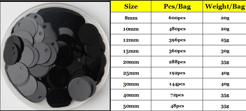 Black Series 8mm/10/12/15mm/20/25mm/30mm Flat Round loose Sequins Paillettes sewing Wedding Craft with 1 side hole