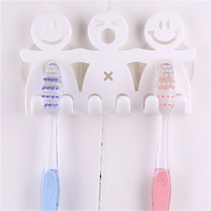 Cute Smile Design Suction Hooks 5 Position Tooth Brush Holder Bathroom Set White Cartoon Sucker Toothbrush Holder for Home Decor