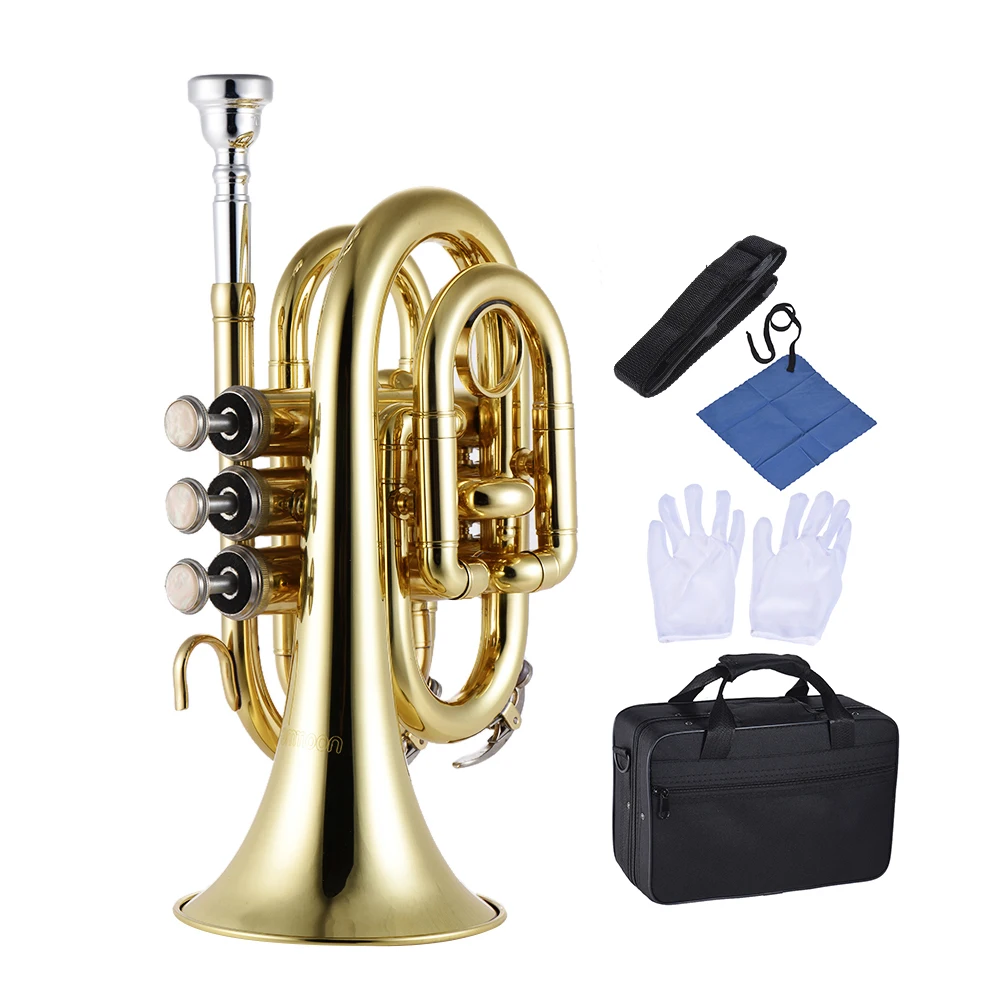 

ammoon Mini Bb Flat Trumpet Bb Flat Pocket Trumpet Brass Wind Instrument with Mouthpiece Gloves Cleaning Cloth Carrying Case