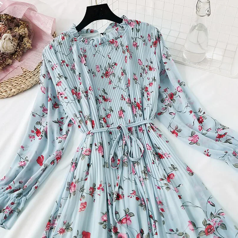 2022 New Women Spring Print Dresses Long Sleeve Chiffon Pleated Dress Casual Ruffle Flare Sleeve Long Dress Loose Vestidos