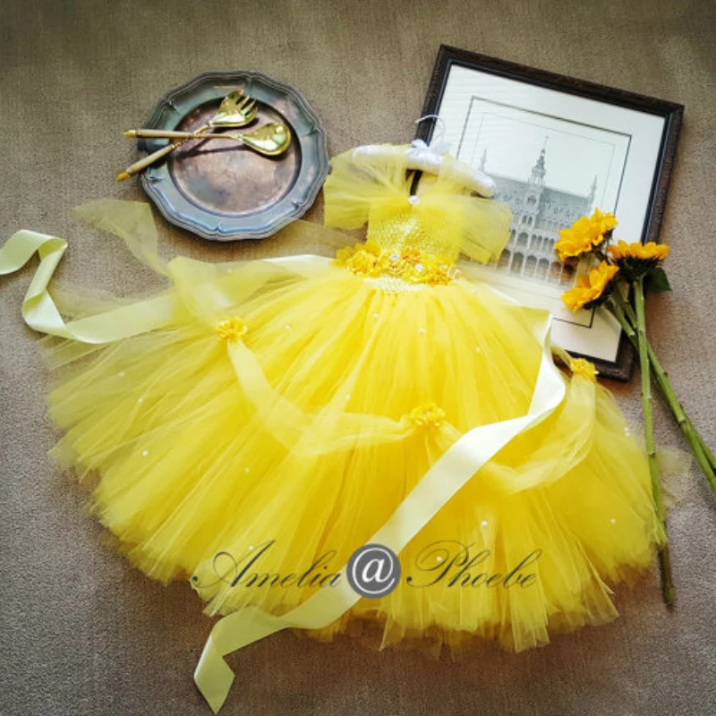 Księżniczka bella Tutu sukienka z paskiem kwiatowym na wesele Cosplay piękna i bestia żółty kwiat dziewczyna sukienki Tutu