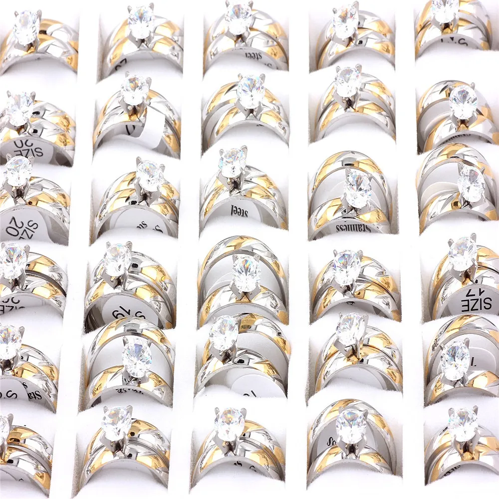 Wholesale 10set/Lot Cubic Zircon Stainless Steel Men Women Couple Ring Wedding Engagement Gift Fashion Jewelry