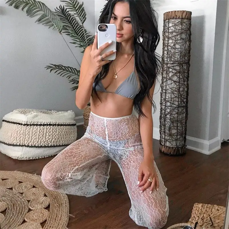 BKLD Woman Elastic Waist Pants White Wide Leg Pants Lace See-Through Summer Beach Party High Waisted Black Pants Trousers Women