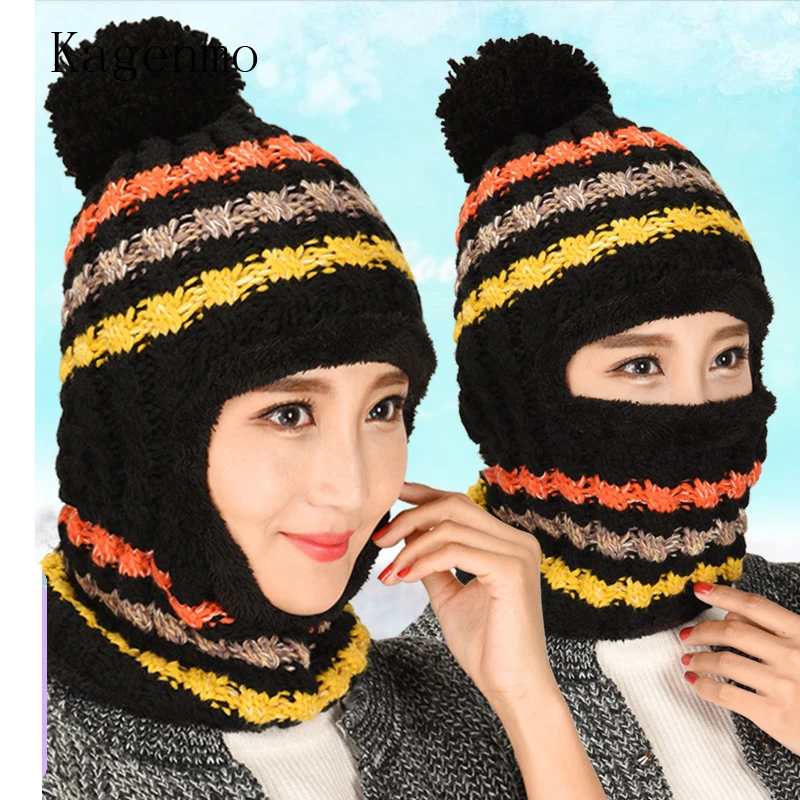 

Kagenmo Thick Woolen Knitting Neck Protection Hat Female Warm Winter Baseball Cap Ear Protection Keep Warmth Face Winter Hats