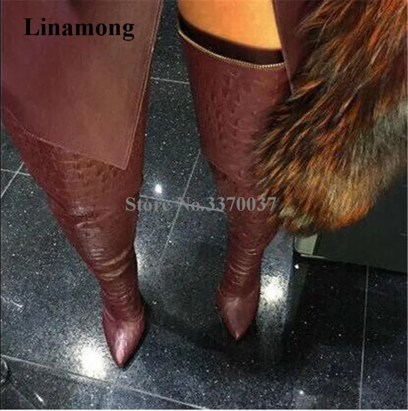 

New Fashion Women Pointed Toe Pattern Leather Knee High Boots Back Zipper-up Long High Heel Boots Dress Shoes Dropship