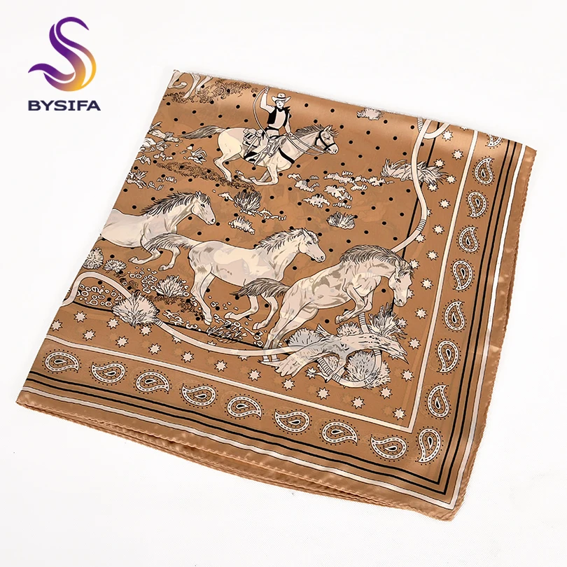 [BYSIFA] Khaki Ladies Satin Silk Scarf Shawl Fashion Brand Horse Design Large Square Scarves Foulard Top Grade Scarves 110*110cm