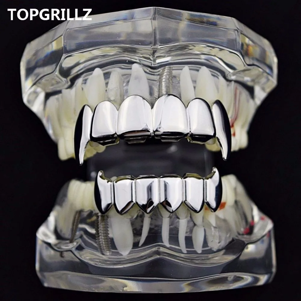 TOPGRILLZ Gold Silver Plated HIP HOP Teeth Grillz Top & Bottom Grills Set With silicone Real Shiny Vampire Tooth Sets