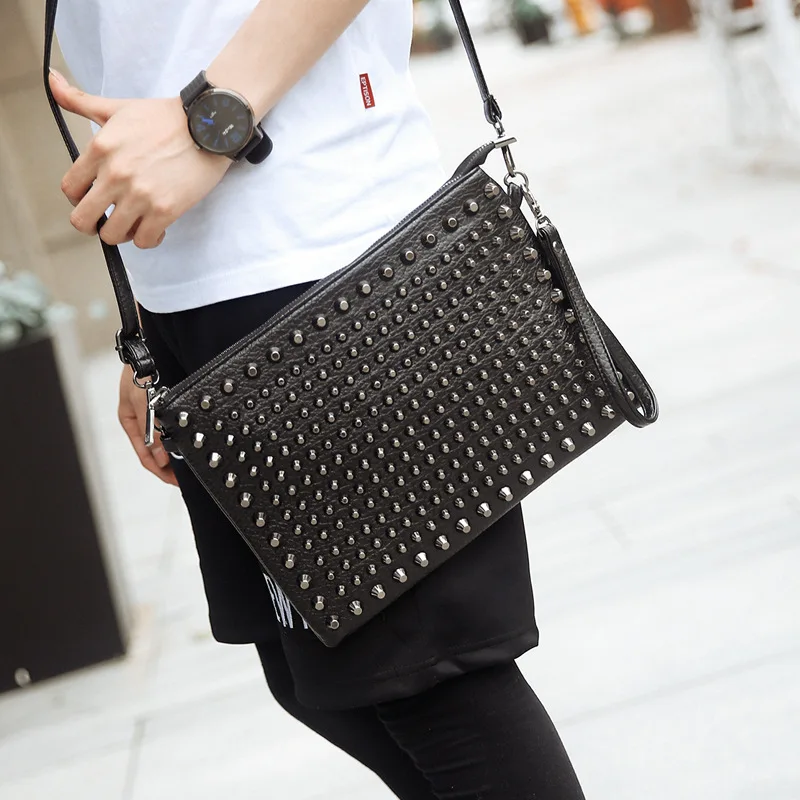 Annmouler Unisex Fashion Women Clutch Bag Pu Leather Crossbody Bag Punk Style Shoulder Bag Unisex and Women Rivet Handbag Purse