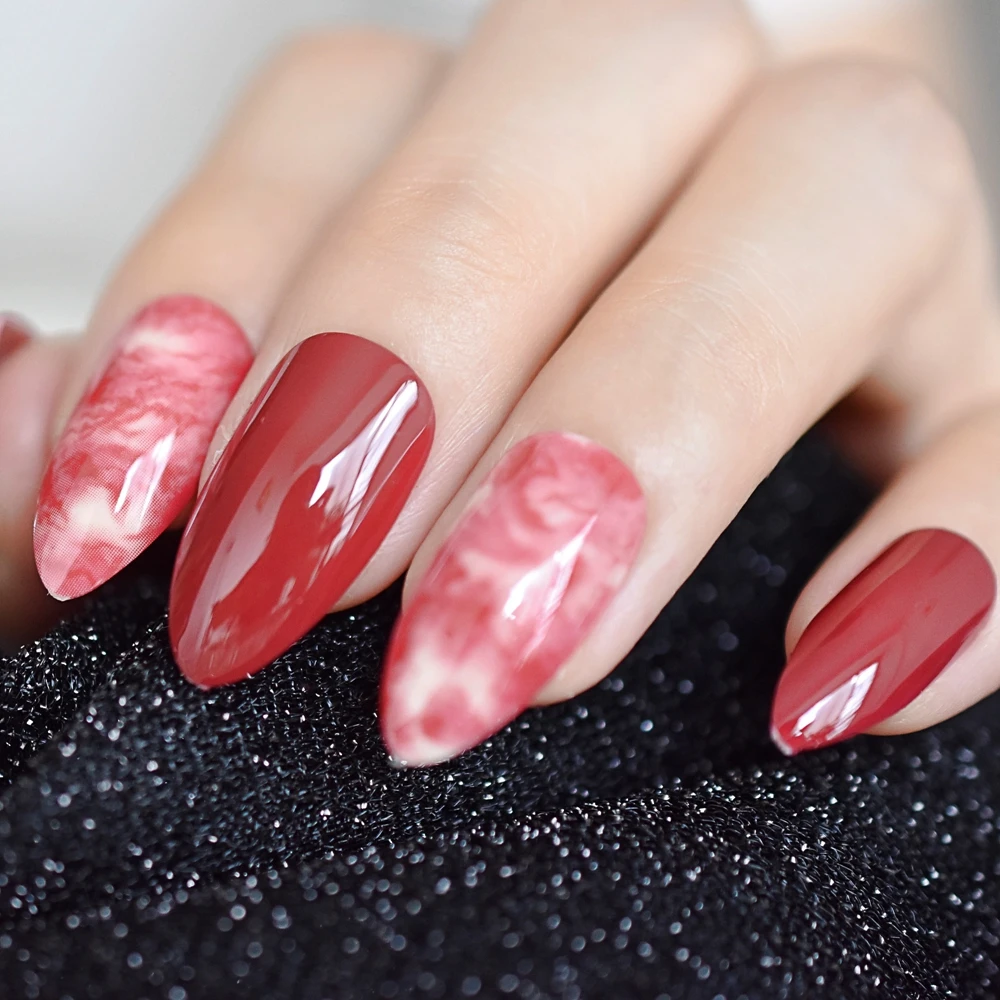 Almond Stiletto Bordeaux Red Marble False Nail Finger Tips Claret-red Acrylic Atificail Pre Design Fake Nail Art For Salon Party