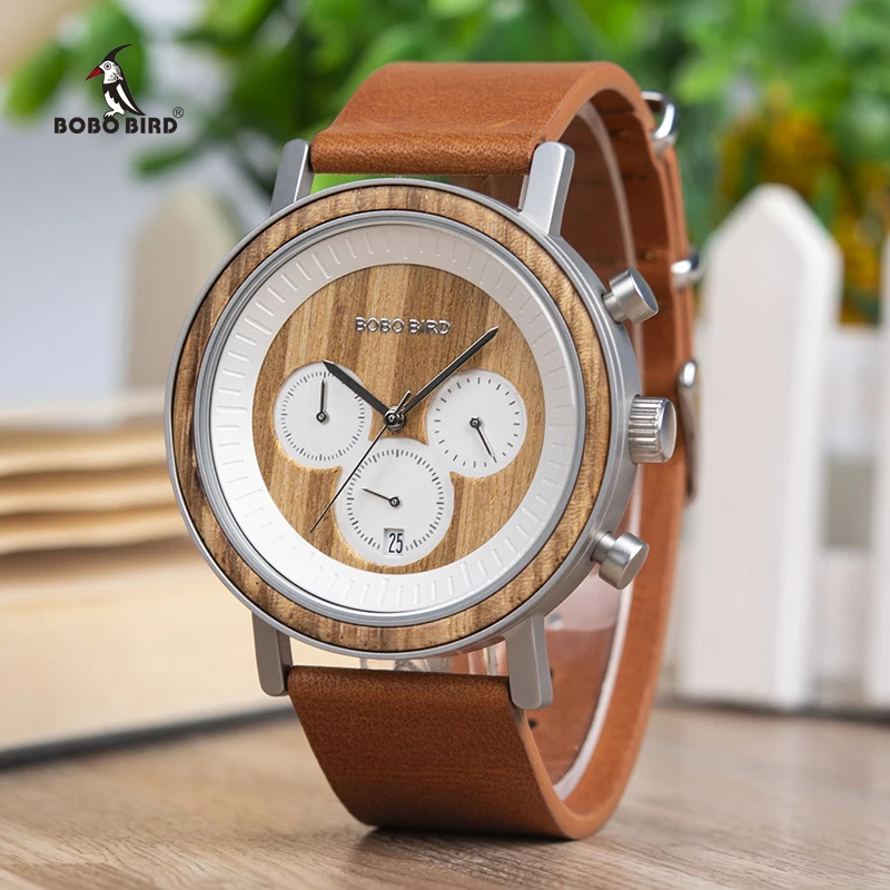 BOBO BIRD Classic Men\'s Watches Wooden Stainless Steel Quartz Wristwatch Fashion Chronograph Leather Watch Birthday Gift Box