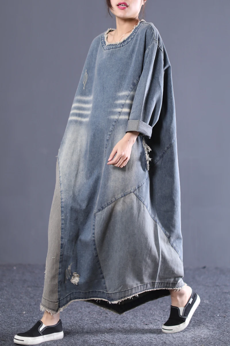 

New--2019 female new spring plus size korean literary retro washed old raw long-sleeved loose denim dress