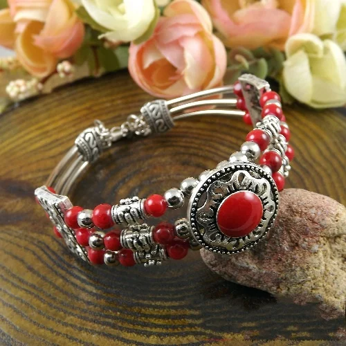 Fashion Vintage Bohemia  Bracelet Red /Blue/ Black Stone Round Beads Bangle Carving Charm Bracelet A200G