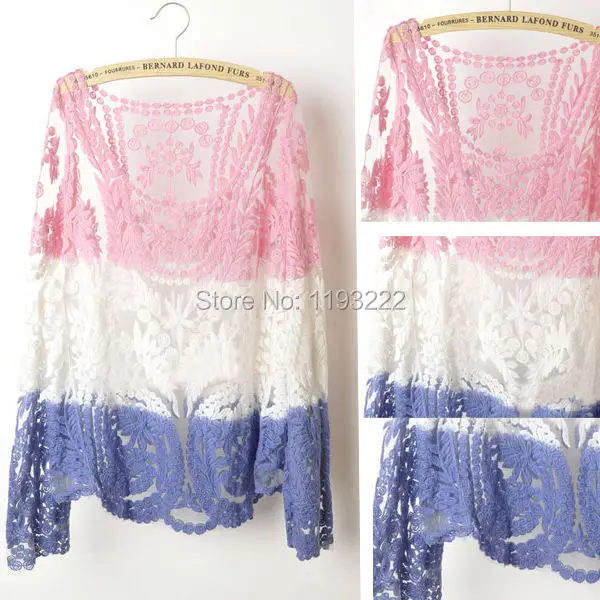 Cute Women Cotton Lady Embridery Lace Blouse Semi Sheer Crochet  Floral Tops Long Sleeve Gradient T Shirts Blouses Shirt