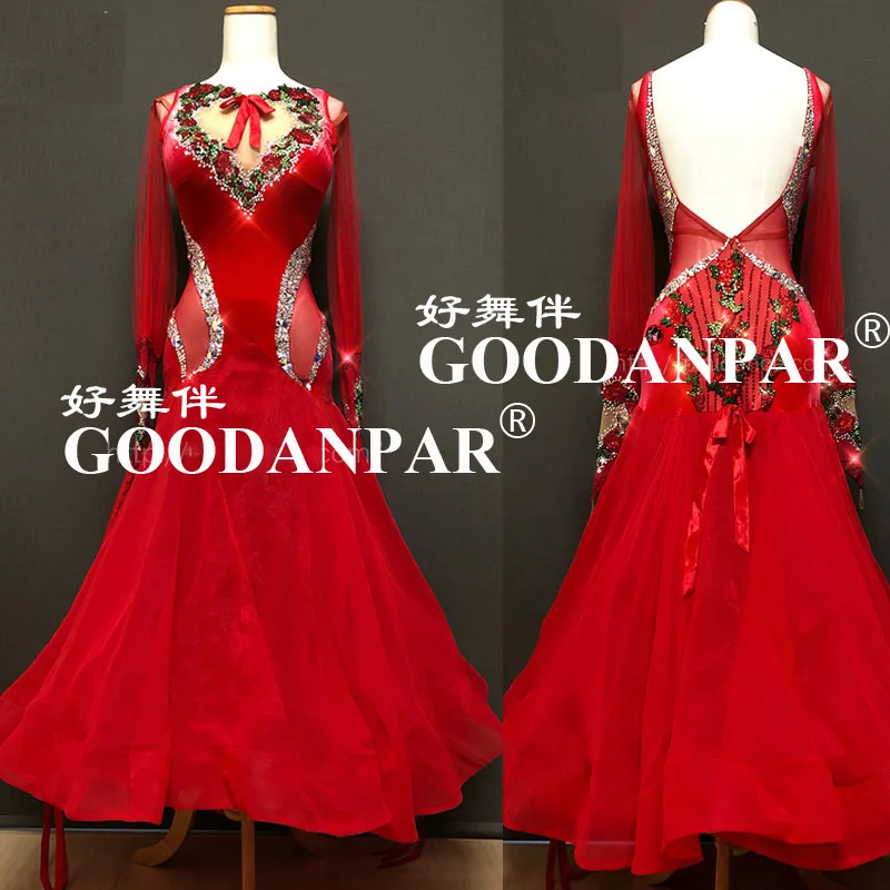 GOODANPAR Ballroom Dance Dresses Ladies Women Girls Fine Stones Long Sleeve Stage Dance Wear Waltz Flamenco Ballroom Dress red