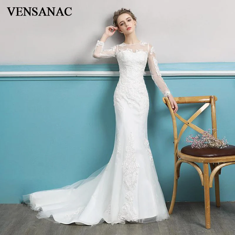 VENSANAC 2018 Lace Appliques Illusion Long Sleeve Mermaid Wedding Dresses Plus Size O Neck Sweep Train Bridal Gowns