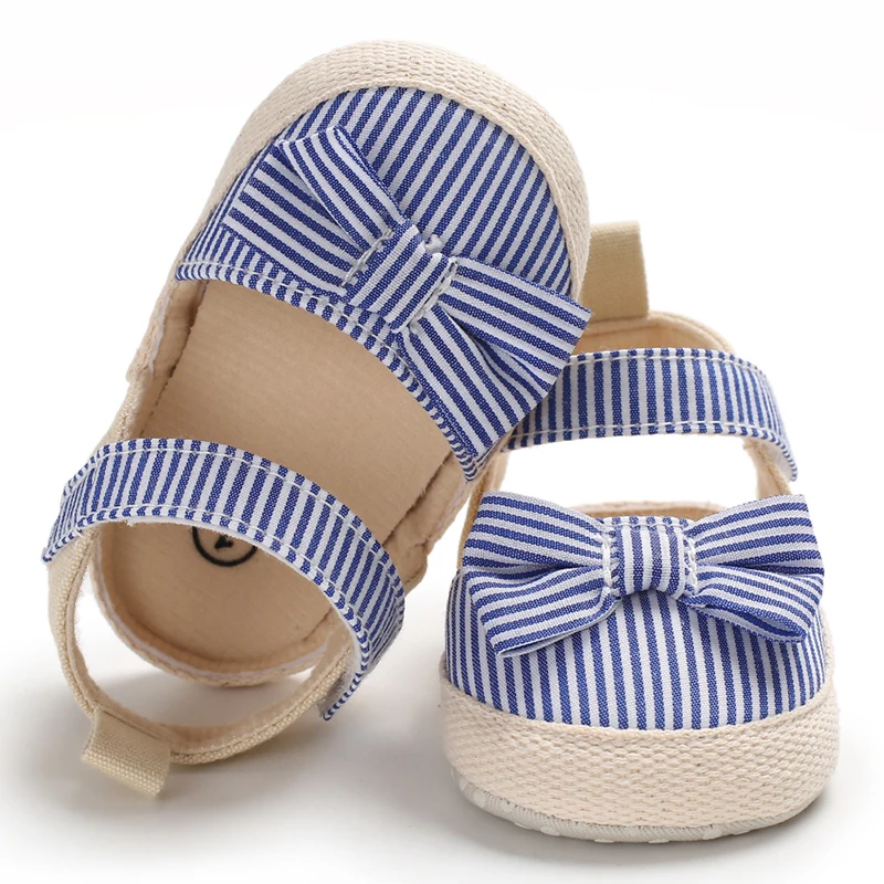 Newborn Baby Sandals Summer Toddler Girl Princess Canvas Soft Crib Shoes Bowknot  Striped Shoes Prewalker Sneaker 0-18Months