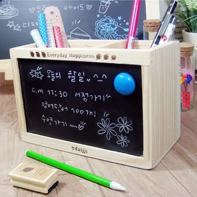 1PC Korea Log Wood Double Lattice Pen Holder Blackboard Pen Container with Message Board KU 054