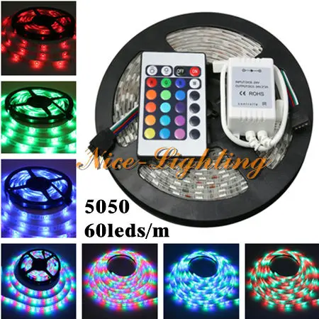 

5M/roll Non-Waterproof SMD 5050 Flexible Led Strip DC 12V RGB Color Indoor Decoration Light Stripe + 24Keys IR Remote Controller