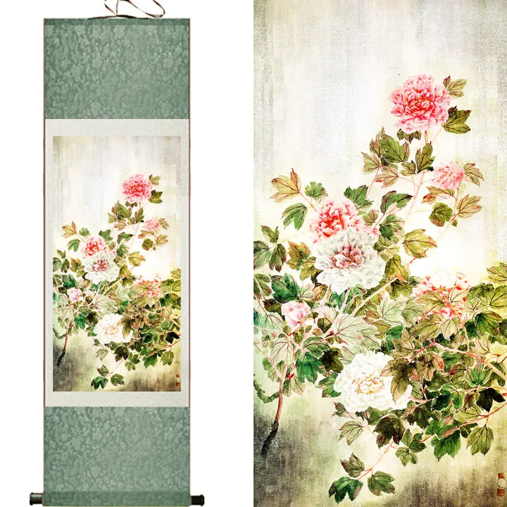 Hotsale free shipping Peony flower scroll painting traditional art Chinese painting Peony art paitingsPrinted painting