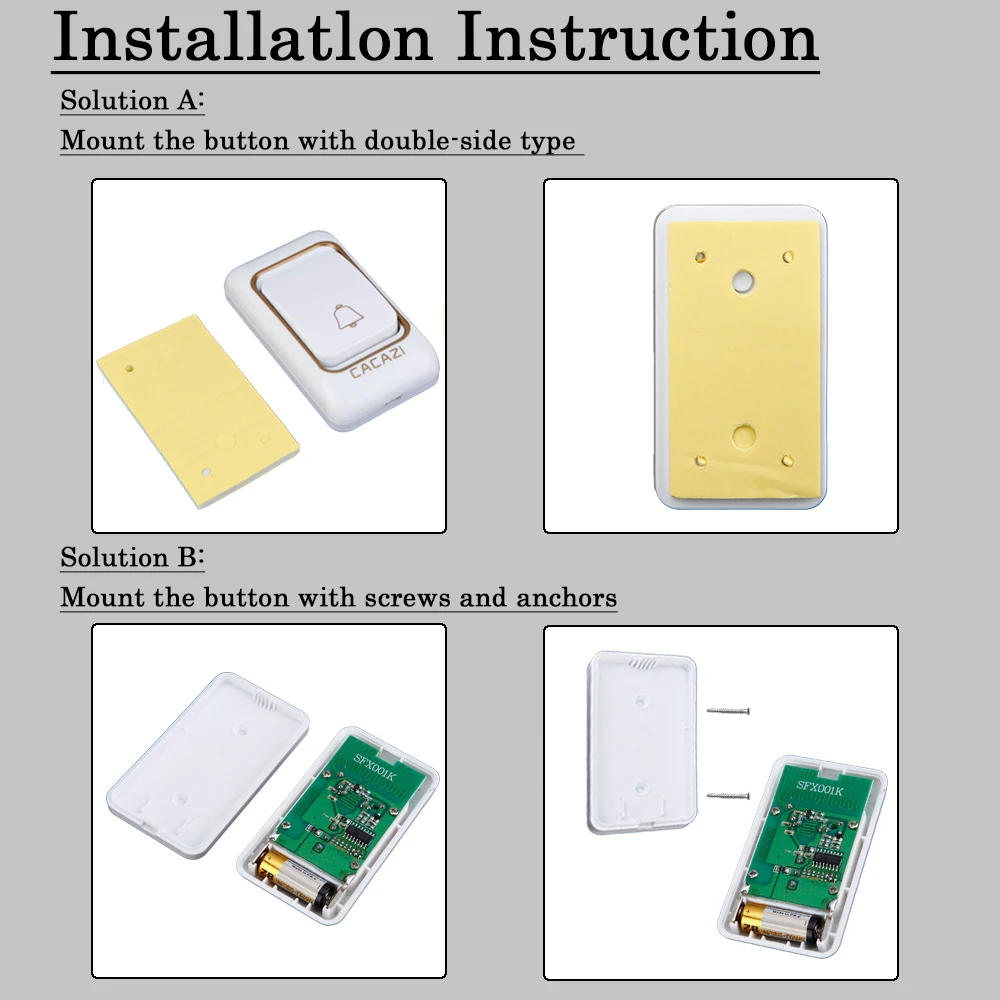 CACAZI Wireless Doorbell DC Battery-operated 200M Remote Waterproof 4 Volumes 36 Rings Intelligent Door Chime Cordless Doorbell