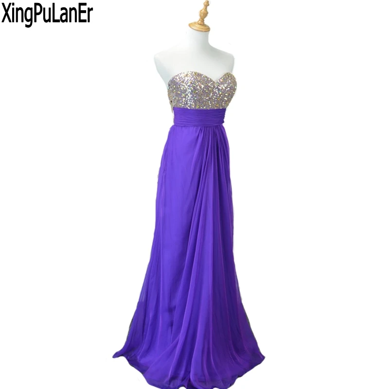 Xingpulaner Een Line Sweetheart Sleeveless Kralen Pailletten Top Sexy Back Paars Chiffon Lange Plus Size Custom Made Lange Prom Dress