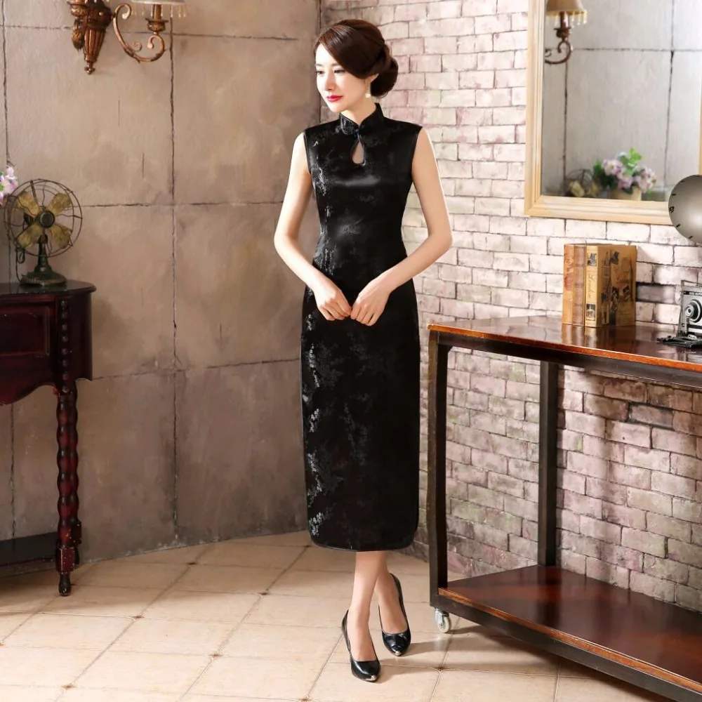 Preto Estilo Chinês Tradicional Vestido Qipao Longo Cheongsam Elegante Fino das Mulheres Roupas Tamanho S M L XL XXL XXXL j3038