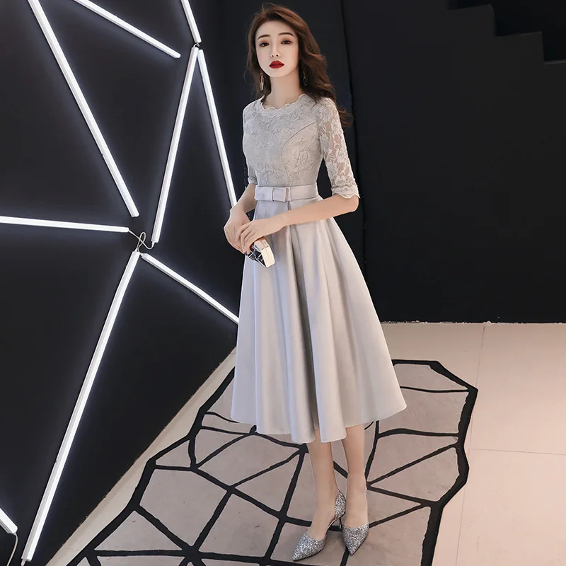 2022 New Spring Korean Style Evening Dress O-neck Half Sleeve Silver Slim Prom Party Dresses Sashes Bow Tea Length Haute Couture