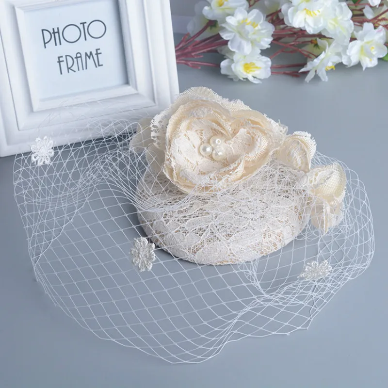 

New Handmade Lady Fedoras Hat Women Flower Veil Headwear Cap Church Banquet Wedding Bride Head Accessories Fascinators H6889