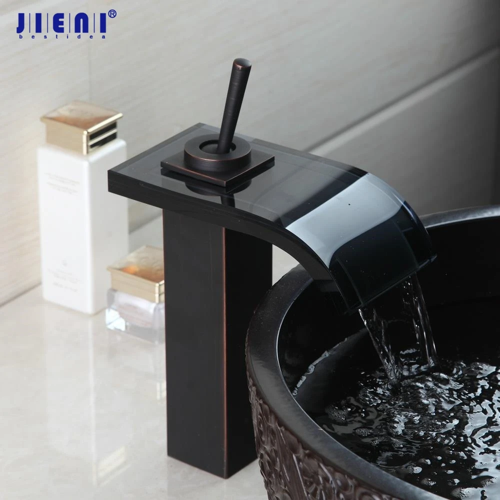 

JIENI Black ORB Bathroom Waterfall Mixer Tap Glass Spout Bathroom Basin Faucet Water Sink Vessel Mixer Tap Faucet Solid Brass