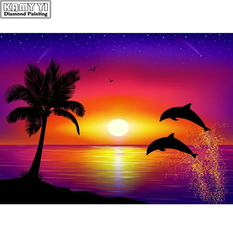 

100% Full 5D Diy Daimond Painting Cross-stitch Sunset&Dolphin Cross 3D Diamond Painting Full Rhinestones Paintings Embroidery