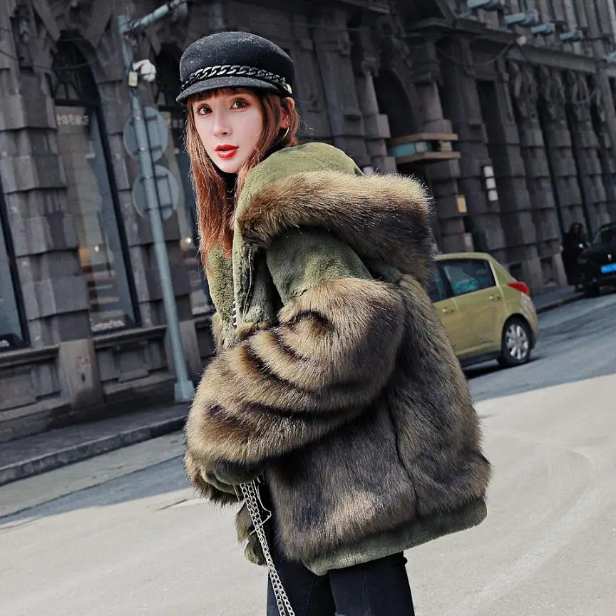 High-end faux fox fur coat female Winter fashion women's hooded fake fur coat patchwork fur warm outwear casual outwear L1676