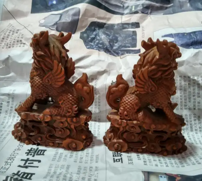 الصينية خشب البقس نحت فنغشوي الأسد فو فو الكلب الحرس الوحش تمثال زوج #2