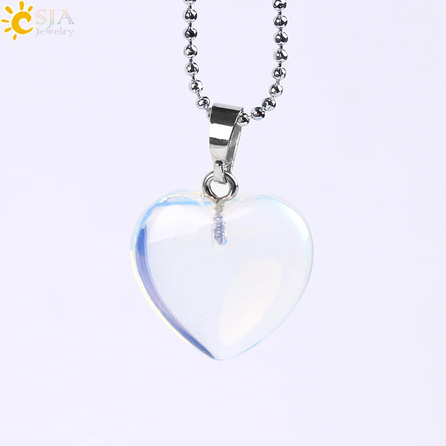 CSJA Natural Stone Heart Necklace Reiki Healing Crystal Blue Brown Sand Opal Pendant Lover Chain Jewelry E757