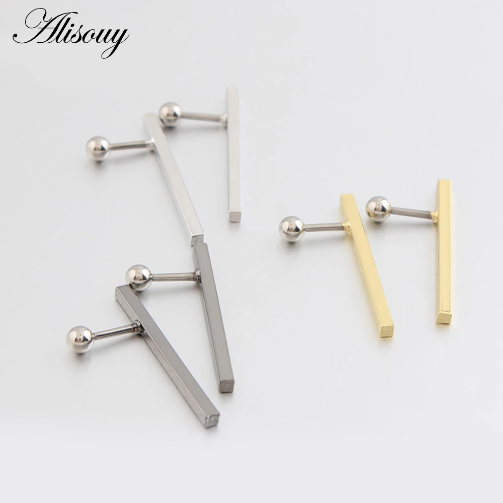 Alisouy 1 pair Simple Square Ear Piercings jewelry Tiny Studs for Lobe Tragus Steel cross 1-Shape Ear Plugs Barbell stud earring