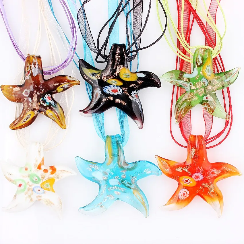 Fashion Beauty Wholesale 6pcs Handmade Murano Lampwork Glass Mix Color Millefiori Starfish Pendants Charms Necklace Hot sell