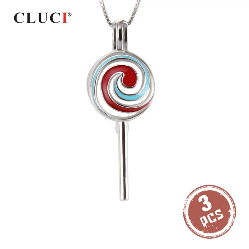 CLUCI 3pcs Colorful Silver 925 Lollipop Shaped Pearl Cage Pendant Women Jewelry 925 Sterling Silver Charms Pearl Locket SC228SB